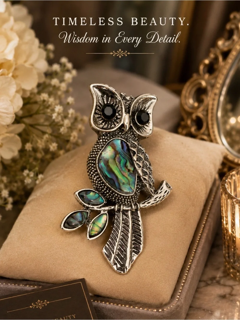 Silver Owl Brooch with Iridescent Abalone Inlay - Elegant Women’s Jewelry
